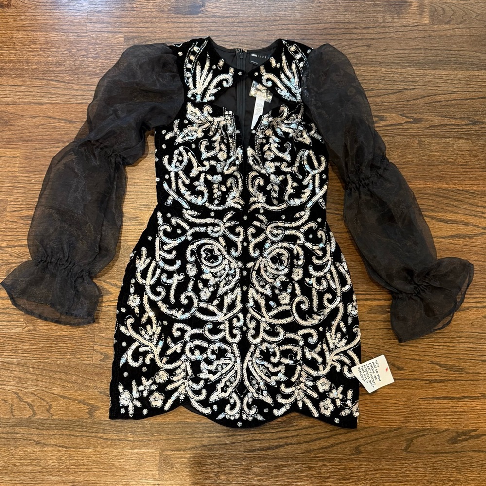 ASOS LUXE Keyhole Plunge Embellished Mini Dress with Sheer Bishop Sleeves NWT - Picture 2 of 15